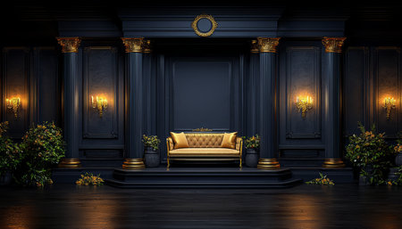 A luxurious gold couch sits on a raised platform in a dark, classically styled room with gold accents and pillars.の素材
