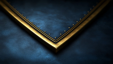 A close-up detail shot showcases a dark blue leather surface framed by a luxurious gold border with small metallic rivets.の素材