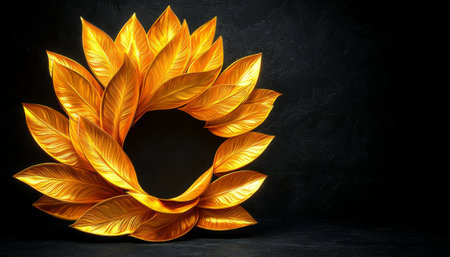 A digitally rendered image showcases a circular arrangement of stylized golden leaves against a dark background creating an elegant and luxurious aesthetic.の素材