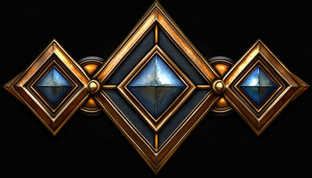 A digital illustration showing three blue gemstones nestled within an ornate gold frame against a black background.の素材