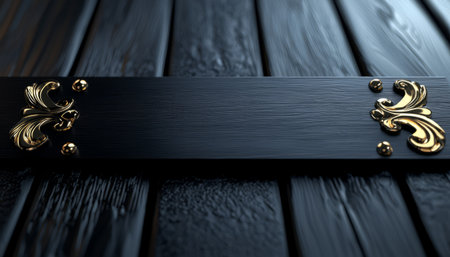 A dark wood background features a black rectangular plaque with gold ornate embellishments on either side.の素材