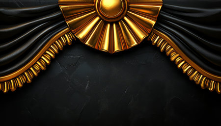 A luxurious background featuring black velvet curtains with gold detailing and an ornate golden centerpiece.の素材