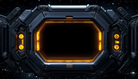 A detailed close-up of a dark futuristic spaceship panel featuring an orange illuminated central frame against a starry backdrop.の素材