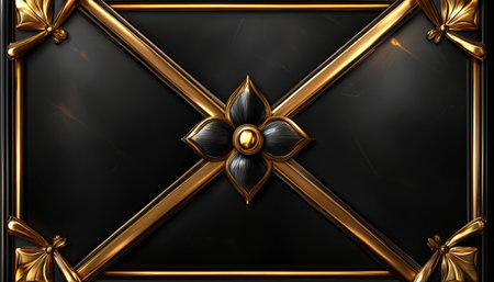 A luxurious decorative panel features a black marble background, gold accents, and an ornate central flower motif.の素材