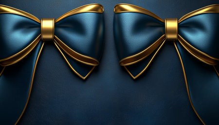 Two luxurious blue bows with gold accents are positioned on a dark textured background creating an elegant and festive image.の素材