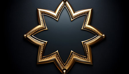 A detailed close up of a golden star shaped frame set against a dark black background showcasing its intricate detailing and luxurious design.の素材