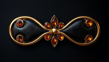 A luxurious decorative piece featuring a gold frame encasing black leather with amber gemstones.の素材