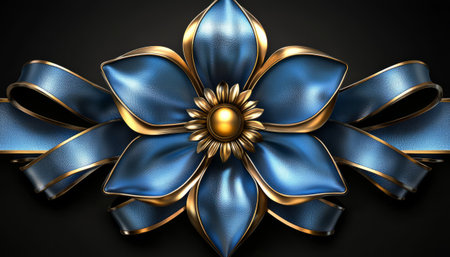 A digitally rendered image shows a luxurious blue and gold ribbon bow designed as a stylized flower with a golden center.の素材