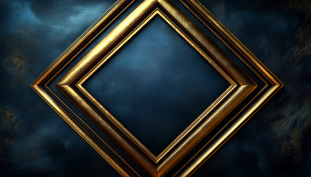 A dark blue textured background is accented by a double gold frame forming a diamond shape.の素材