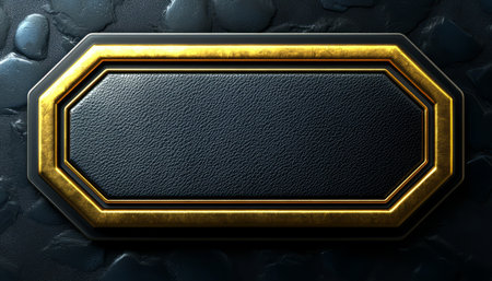 A luxurious black leather plaque is presented with a gleaming gold octagonal frame against a dark textured backdrop.の素材