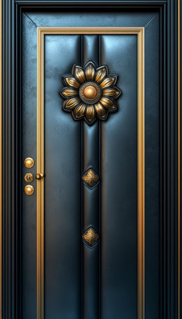 A dark blue door with gold accents features an ornate flower design and detailed craftsmanship.の素材