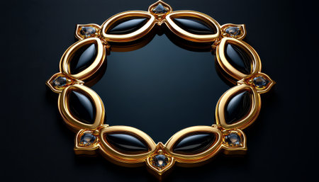 A luxurious circular gold frame adorned with black and clear gemstones rests on a dark background.の素材