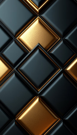 A visually striking image showcasing an abstract pattern of black and gold diamond shapes creating a luxurious and modern aesthetic.の素材