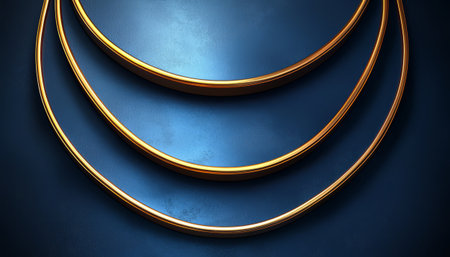 The image shows three overlapping curved blue panels with gold rims creating an elegant and luxurious abstract design.の素材