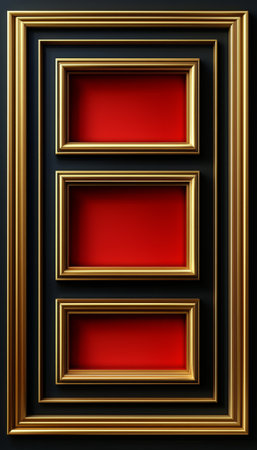 A vertical image showcasing three red panels nested within a larger black frame accented by a gold border.の素材