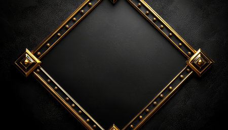 A dark textured background features a diamond shaped frame with gold accents and rivets.の素材