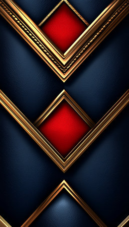 A visually striking abstract image featuring a  geometric pattern of blue leather accented by gold frames and red leather inserts.の素材