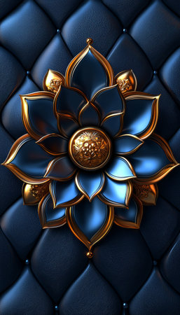 A stylized blue and gold lotus flower is displayed against a dark blue tufted leather background.の素材