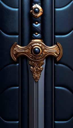 A detailed close-up image showcases an elegant sword with gold accents and a dark leather backdrop.の素材