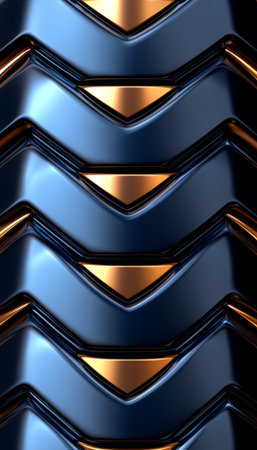 The image shows a close-up of an abstract design featuring a repeating chevron pattern in metallic blue and gold tones.の素材