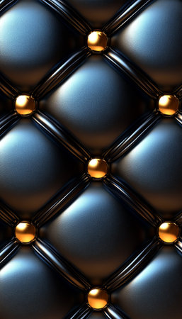 A close up image showcasing a luxurious dark blue leather texture with golden metallic studs in a diamond pattern.の素材