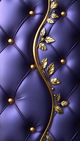 A close-up view of luxurious purple leather upholstery adorned with a gold leaf and vine design.の素材