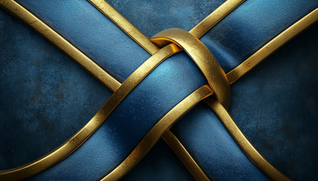 An abstract image featuring interwoven blue and gold metallic bands creating a luxurious and elegant design.の素材