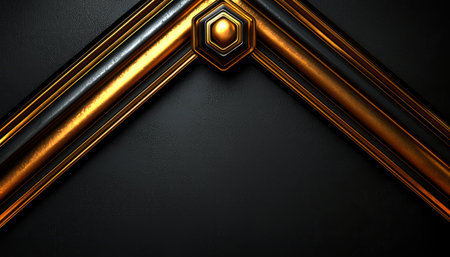A striking abstract image featuring a gold and black geometric frame against a textured black background.の素材