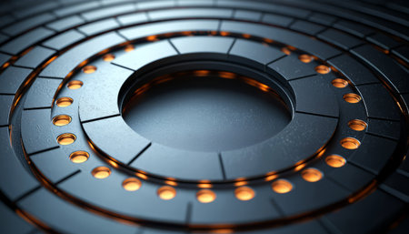A close-up view of an abstract circular metal design with glowing orange lights in the recessed holes.の素材