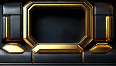 A digitally rendered image shows a black textured panel with a gold octagonal frame and accents.の素材