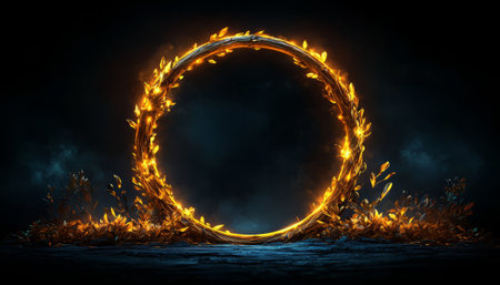A luminous golden ring adorned with glowing leaves sits against a dark background with plants at its base creating a mystical and artistic scene.の素材
