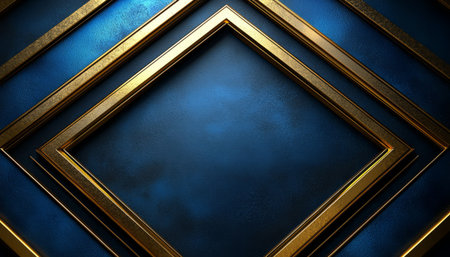 A digitally created abstract image featuring intersecting gold frames on a textured dark blue background.の素材