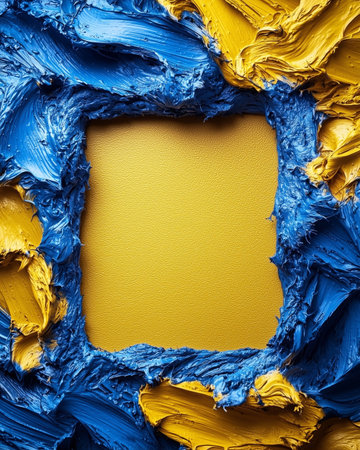 A square of golden background framed by thick impasto strokes of blue and yellow paint.の素材