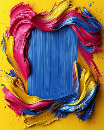 A vibrant abstract image featuring thick swirls of blue, yellow, and magenta paint surrounding a central blue rectangle.の素材