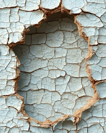 A close-up image shows a surface of cracked, light-blue paint with a central hole revealing the underlying texture.の素材