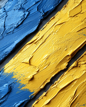 The image showcases an abstract painting featuring thick yellow and blue paint strokes applied in diagonal lines across a dark background.の素材