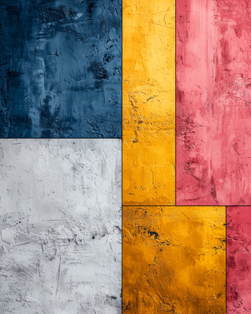 The image shows an abstract artwork featuring textured blocks of blue, yellow, pink, and gray paint creating a visually striking composition.の素材