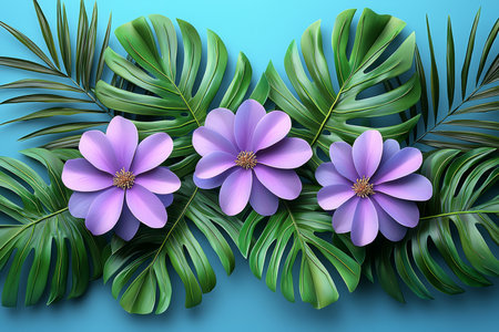 Three large purple flowers are artfully arranged amongst vibrant green monstera and palm leaves against a light blue background.の素材