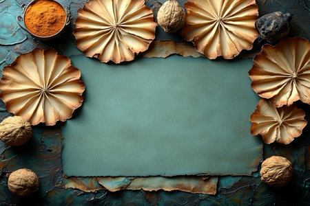 A textured teal background features aged paper,  walnuts, and a bowl of spice, creating a visually rich autumnal scene.の素材