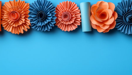 A vibrant arrangement of handmade paper flowers in orange and blue hues sits atop a light blue background, leaving space below.の素材