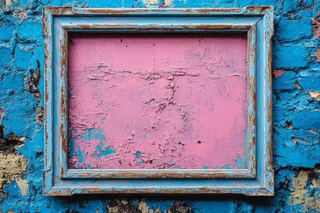 A distressed wooden picture frame with pink fill against a textured blue wall with peeling paint.の素材