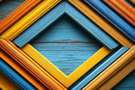 A diamond shaped arrangement of multicolored wooden picture frames against a weathered blue wood background.の素材