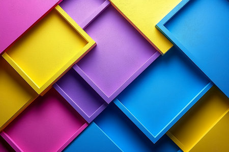 The image shows an abstract design featuring overlapping brightly colored squares in a geometric pattern.の素材