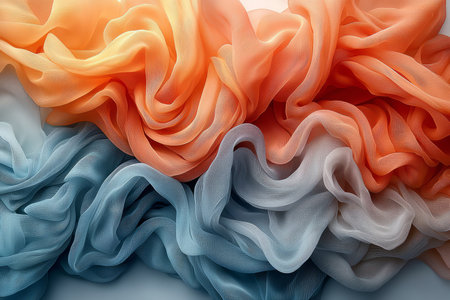 The image showcases an abstract arrangement of draped fabric in varying shades of orange and blue creating a visually appealing texture.の素材