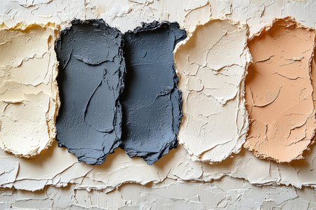 The image shows several thick textured paint swatches in varying shades of beige, gray, and black, arranged against a similar textured background.の素材