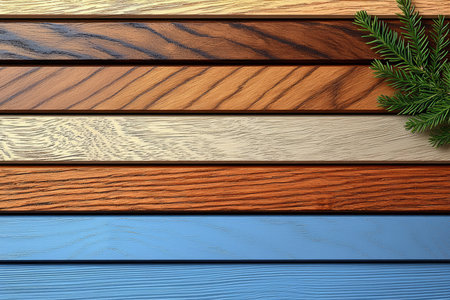 A background image showcasing various colored wood planks and a small pine branch.の素材
