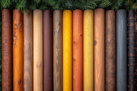 A collection of painted wooden cylinders in various colors is displayed against a backdrop of evergreen branches.の素材