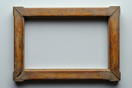A weathered, square wooden frame with a rustic and antique appearance sits on a white background.の素材
