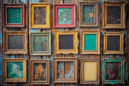 A collection of antique, variously colored and distressed picture frames are displayed on a weathered wooden wall.の素材