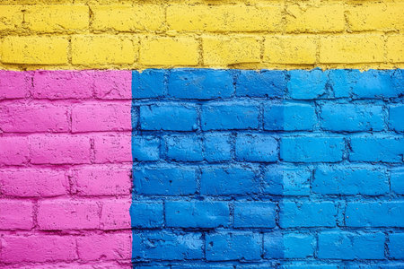 A textured image showcasing a brick wall painted in sections of bright yellow, pink, and blue.の素材